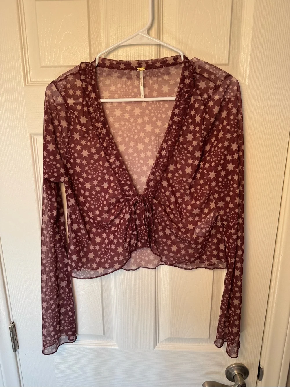 Free People Burgundy Star Print Sheer Tie-Front Chemise